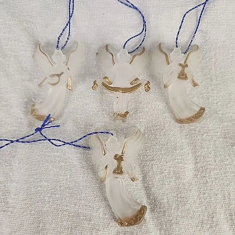 Vintage Christmas Ornaments Frosted Plastic Acrylic Gold Trim Angel's 4 Set